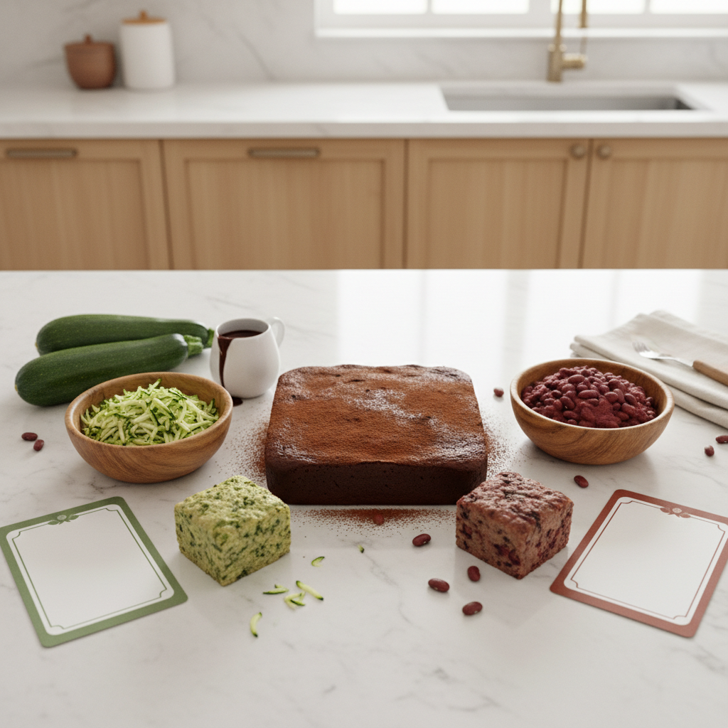 Ingrédients disposés pour gâteaux chocolat à la courgette et aux haricots rouges