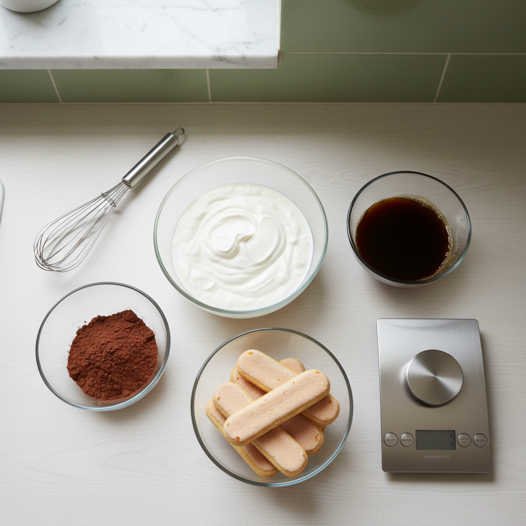 Ingrédients pesés pour tiramisu allégé, style meal prep minimaliste