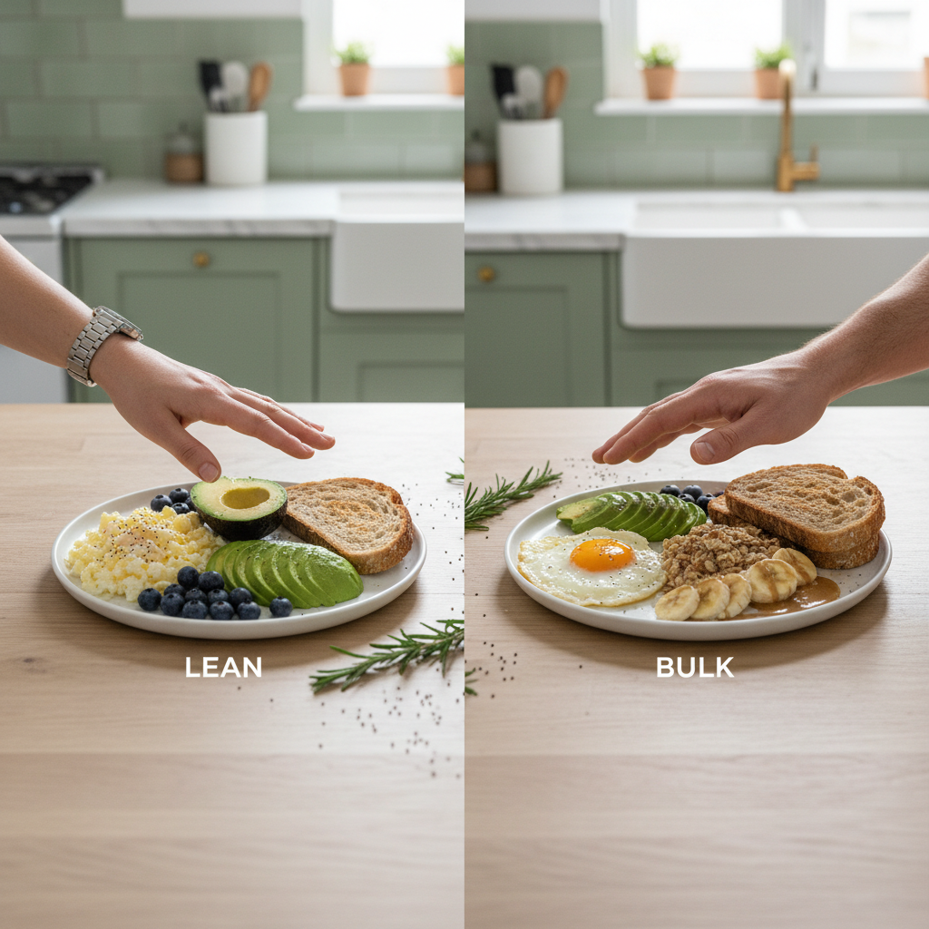 Deux assiettes de petit-déjeuner identiques avec des portions ajustées pour la sèche et la prise de masse