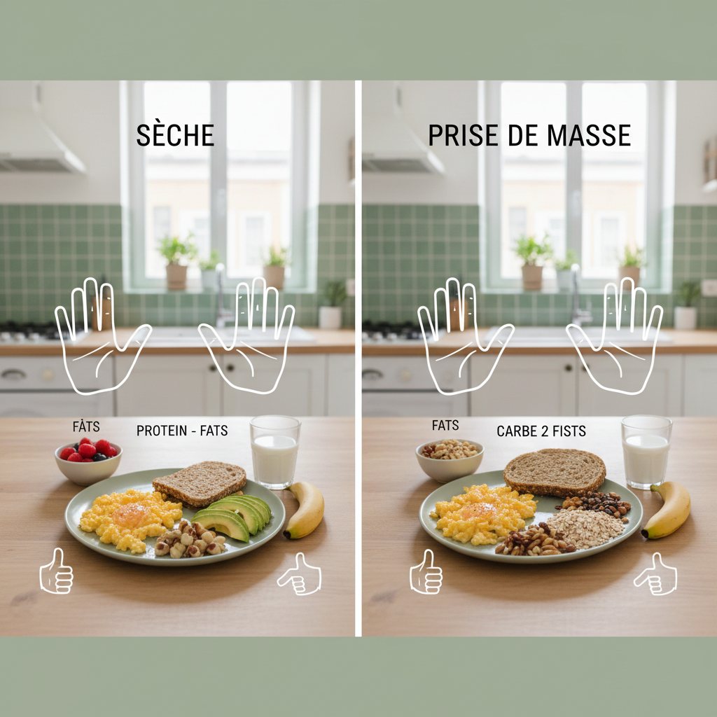 Infographie montrant deux assiettes avec tailles de portions différentes pour la sèche et la prise de masse