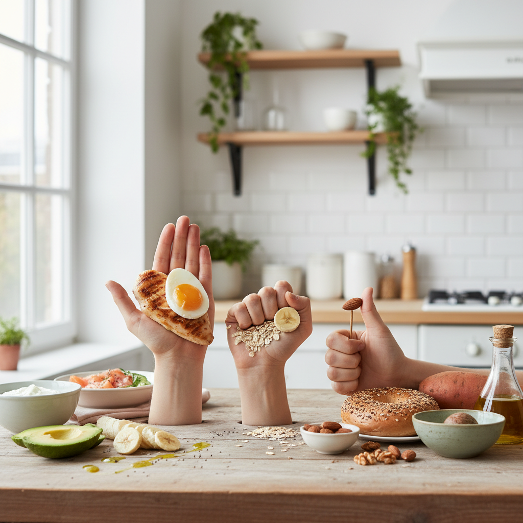 Guide des portions à la main pour le petit-déjeuner avec exemples d’aliments