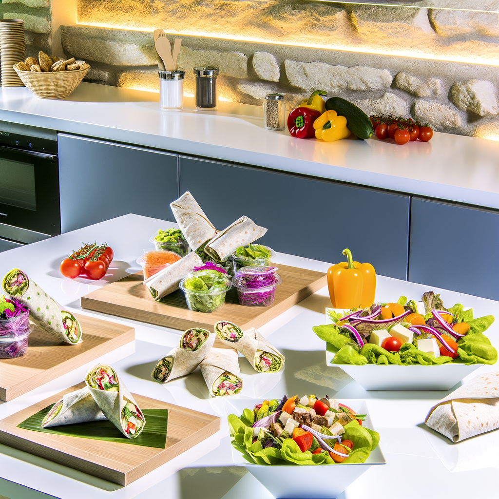Variété de salades colorées et de wraps froids