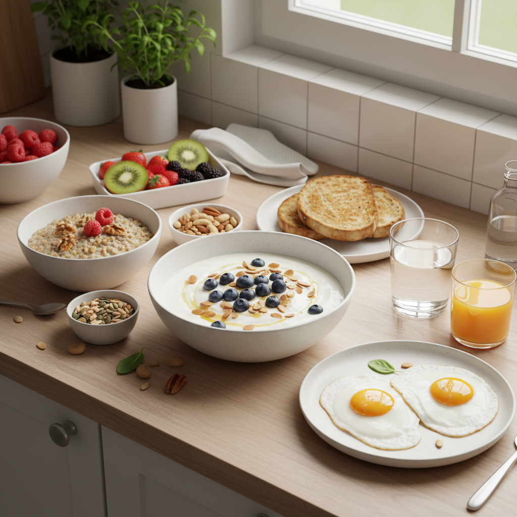 Assortiment de petits-déjeuners protéinés et équilibrés, portions réalistes, vue du dessus