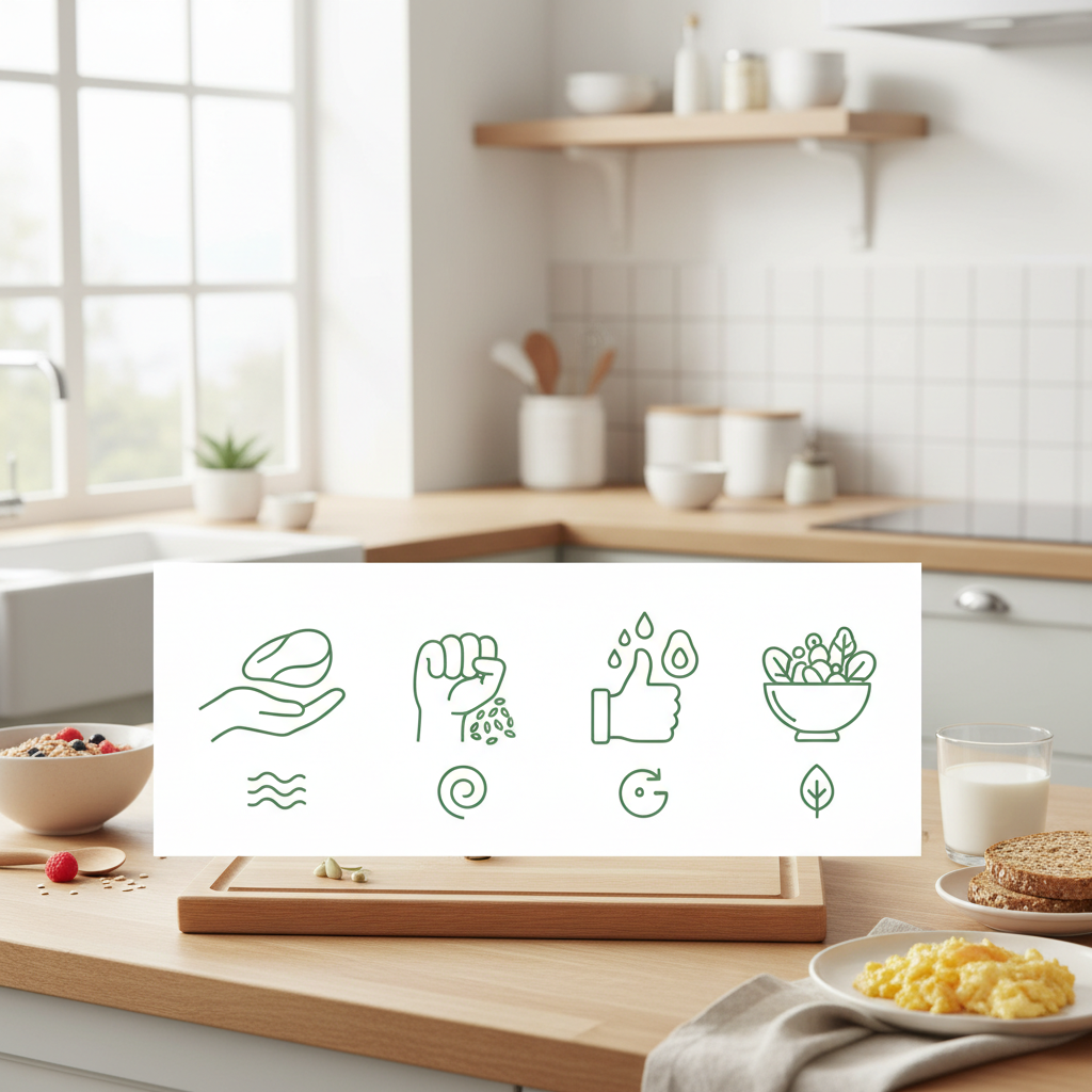 Infographie des repères de portions avec la main : paume, poing, pouce et bol