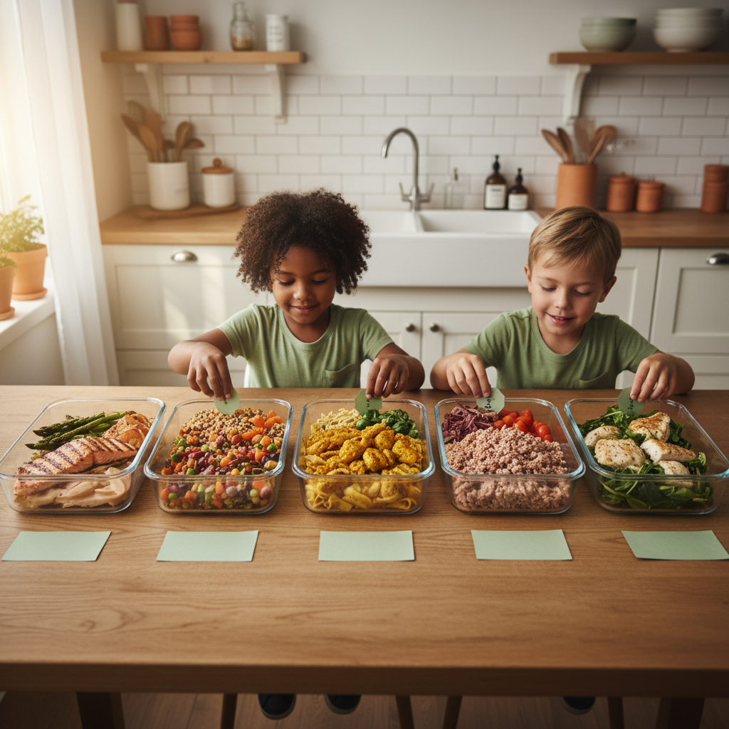 Table familiale avec 5 boîtes étiquetées du lundi au vendredi, ambiance chaleureuse.