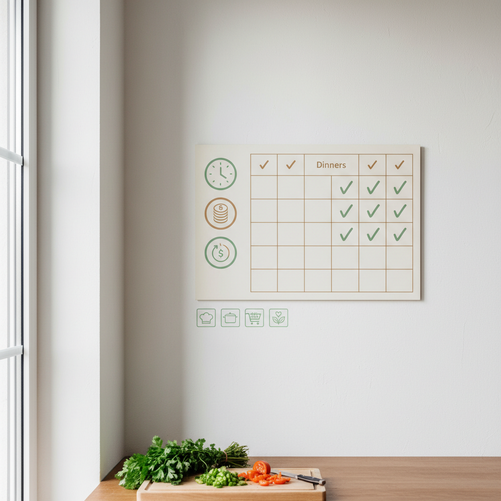 Calendrier familial coché avec icônes temps, budget et zen.