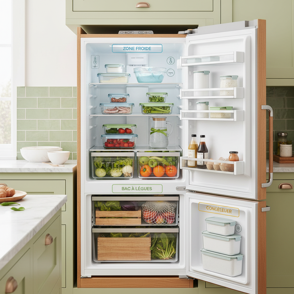 Infographie conservation: zones du frigo, températures et durées avec étiquettes.