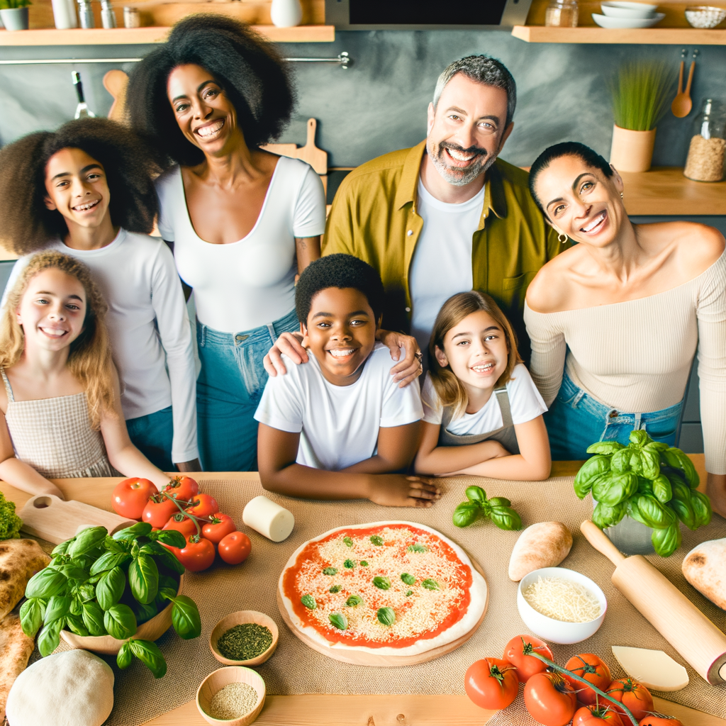 Famille heureuse autour d'une table avec des ingrédients de pizza