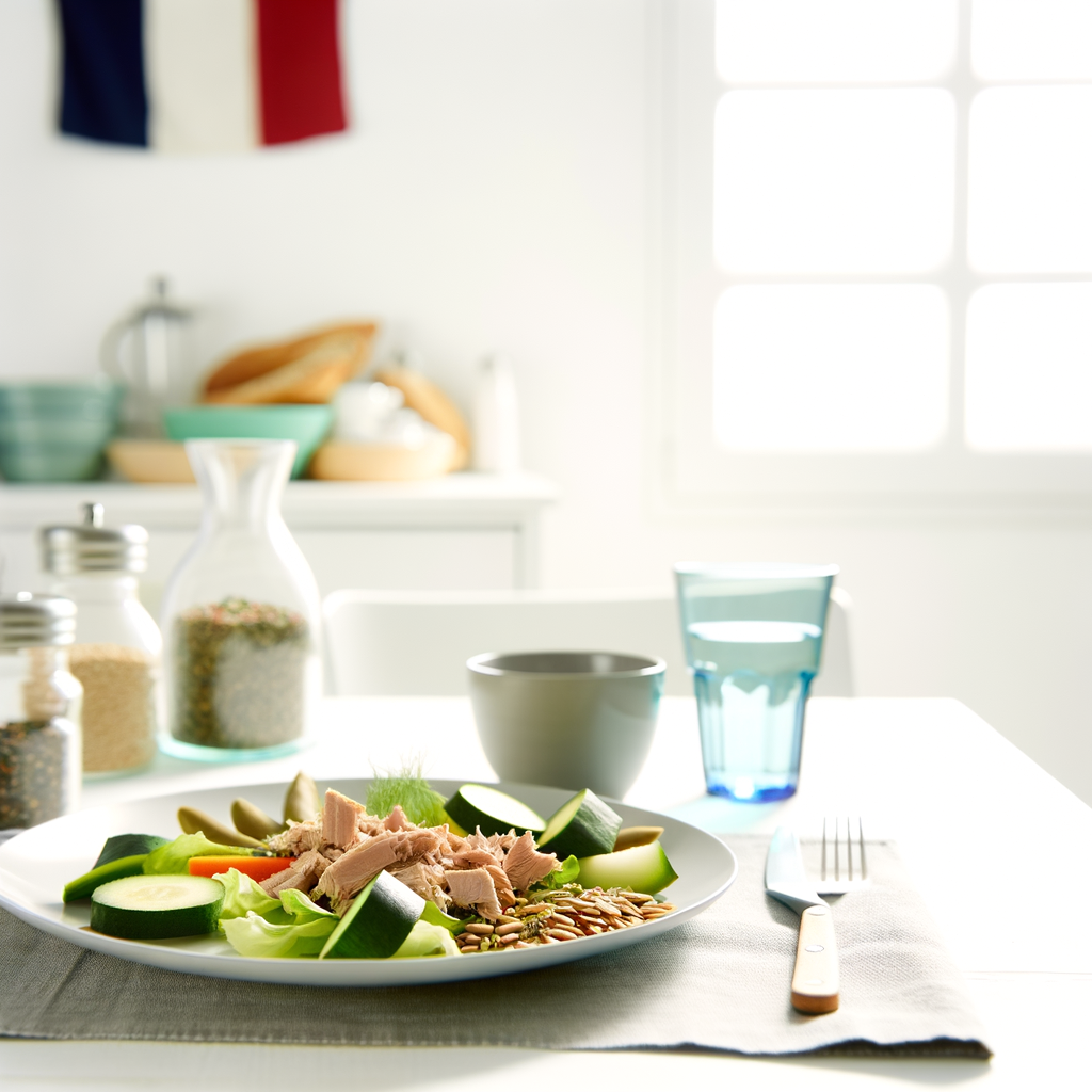 Repas équilibré avec thon, légumes et céréales