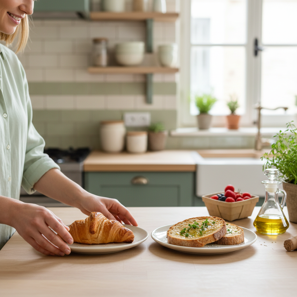 Scène de cuisine montrant un échange alimentaire simple et bienveillant