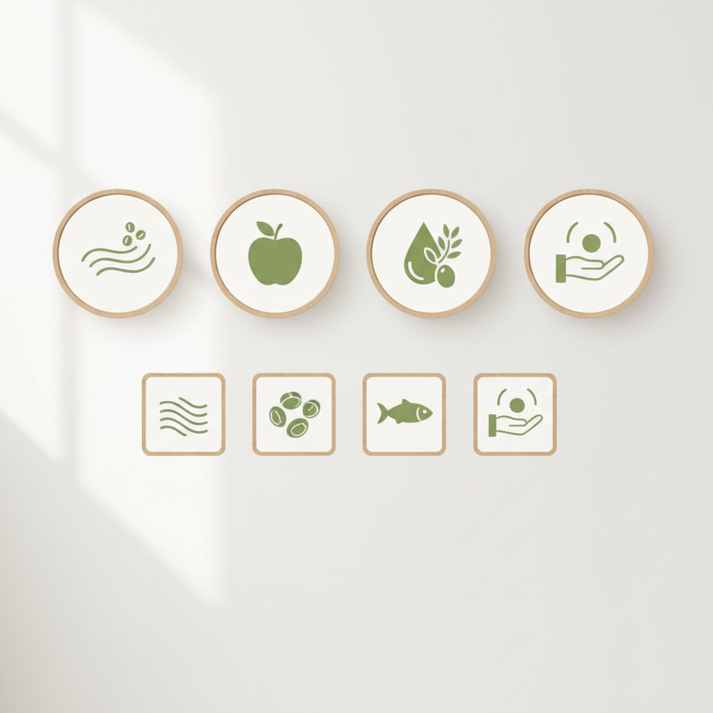 Infographie simple: sources de fibres solubles, graisses insaturées et repères de portions