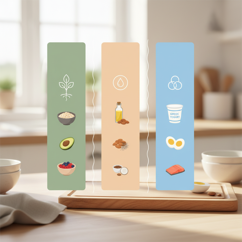 Infographie simple: trio du matin fibres + bonnes graisses + protéines avec exemples et portions