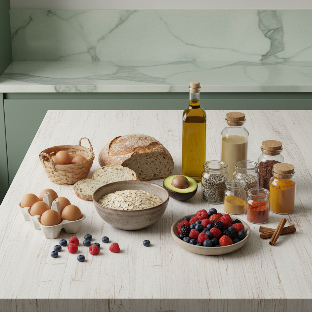 Flat lay d’ingrédients de base: flocons d’avoine, pain complet, œufs, huile d’olive, graines et épices