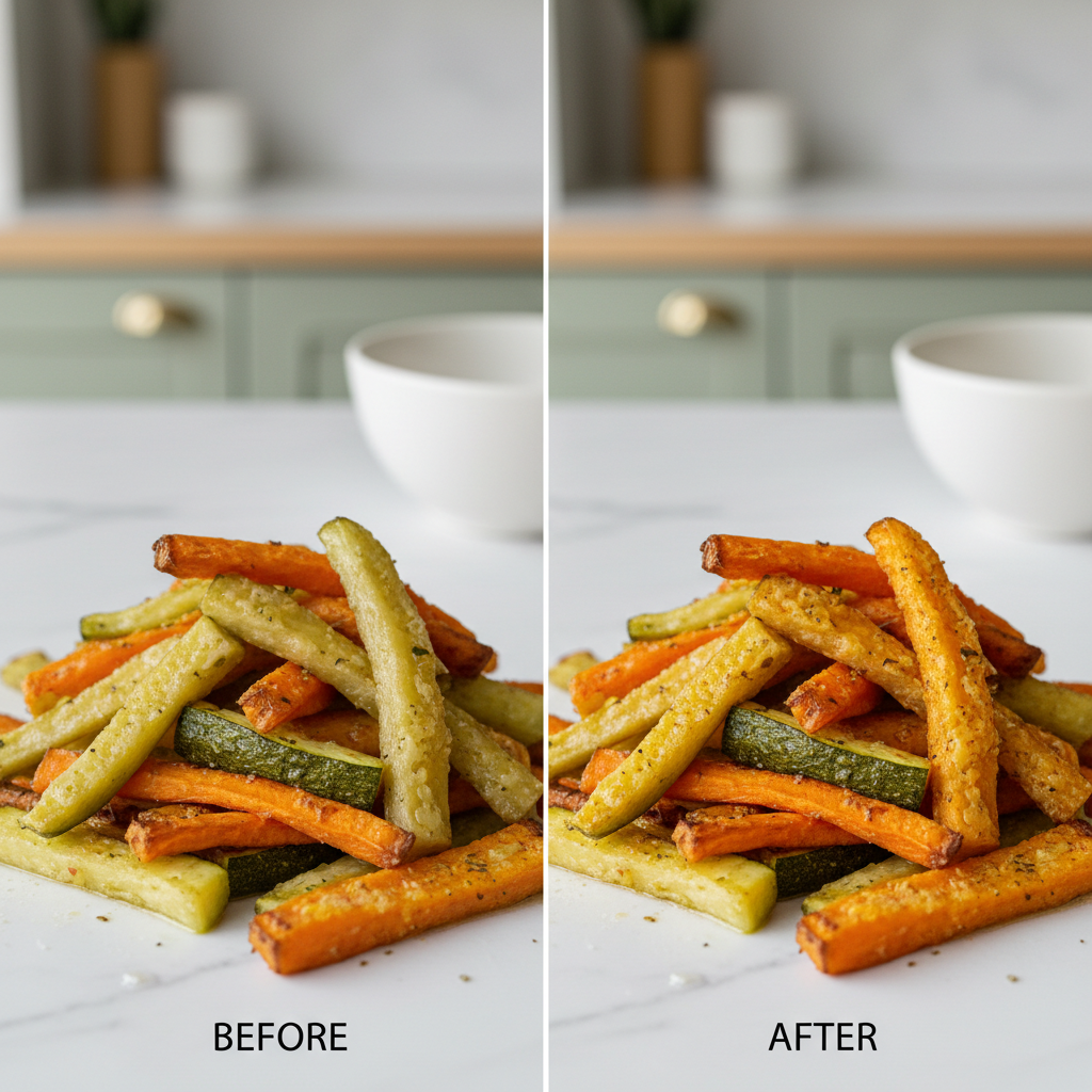 Comparatif avant/après de frites de légumes molles versus croustillantes