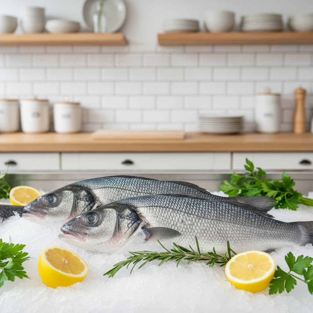 Bar frais chez le poissonnier avec yeux clairs et écailles brillantes