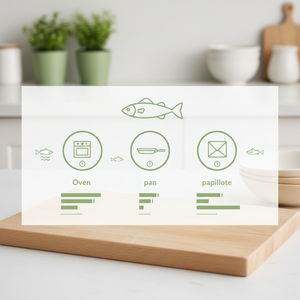 Infographie : temps de cuisson du bar par 100 g au four, à la poêle et en papillote