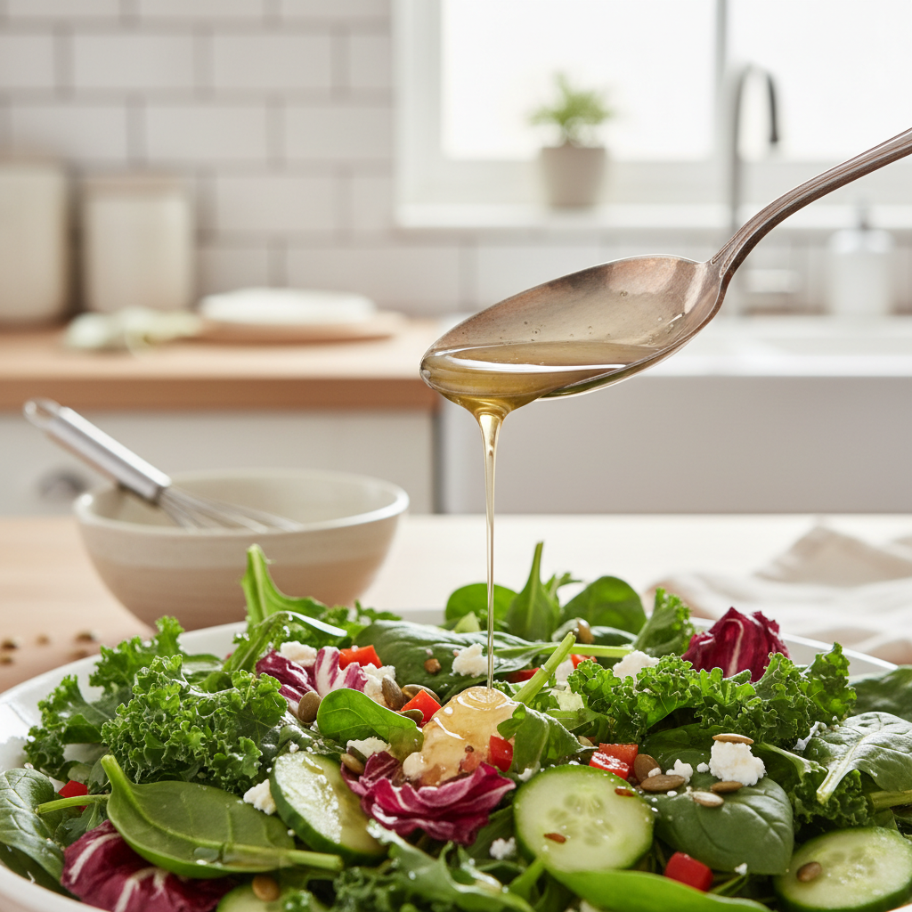 Cuillère nappant une salade d’une vinaigrette légère et brillante