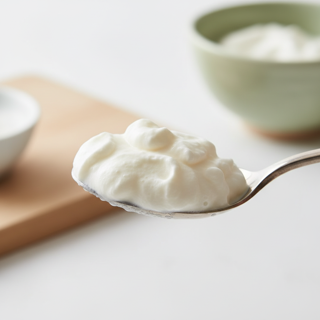 Gros plan sur la texture du skyr fouetté sur une cuillère