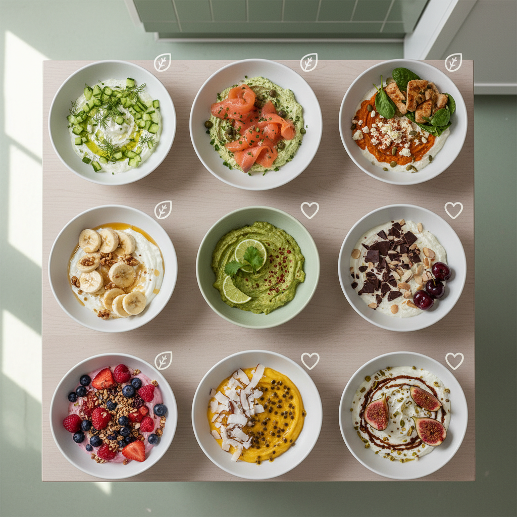 Mosaïque de 10 recettes au skyr sucré-salé vues du dessus