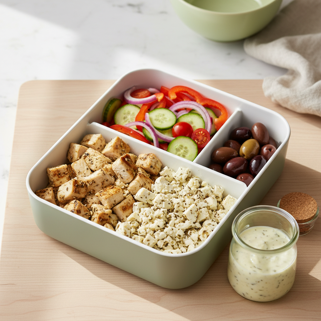 Salade grecque fitness en sections avec dressing léger à part