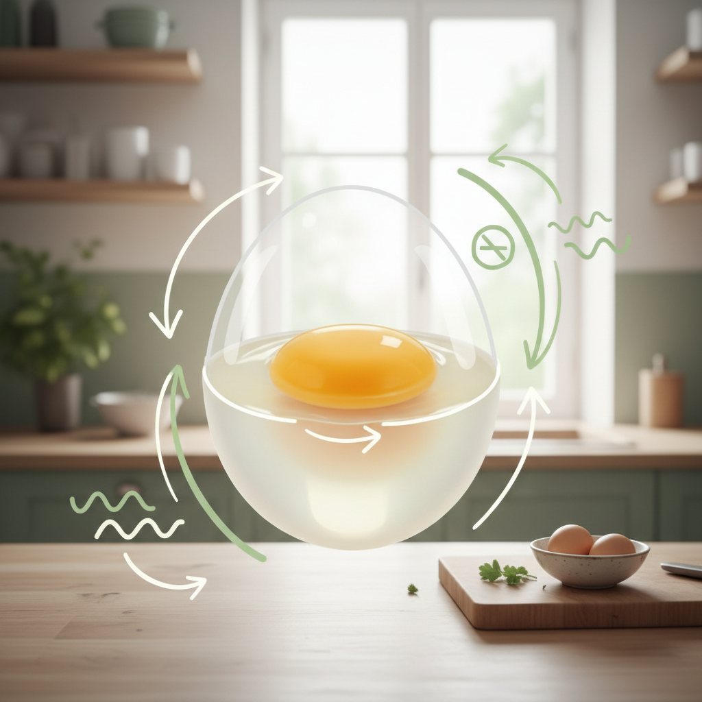 Schéma pédagogique de l’œuf indiquant coagulation douce et limites du blanc cru