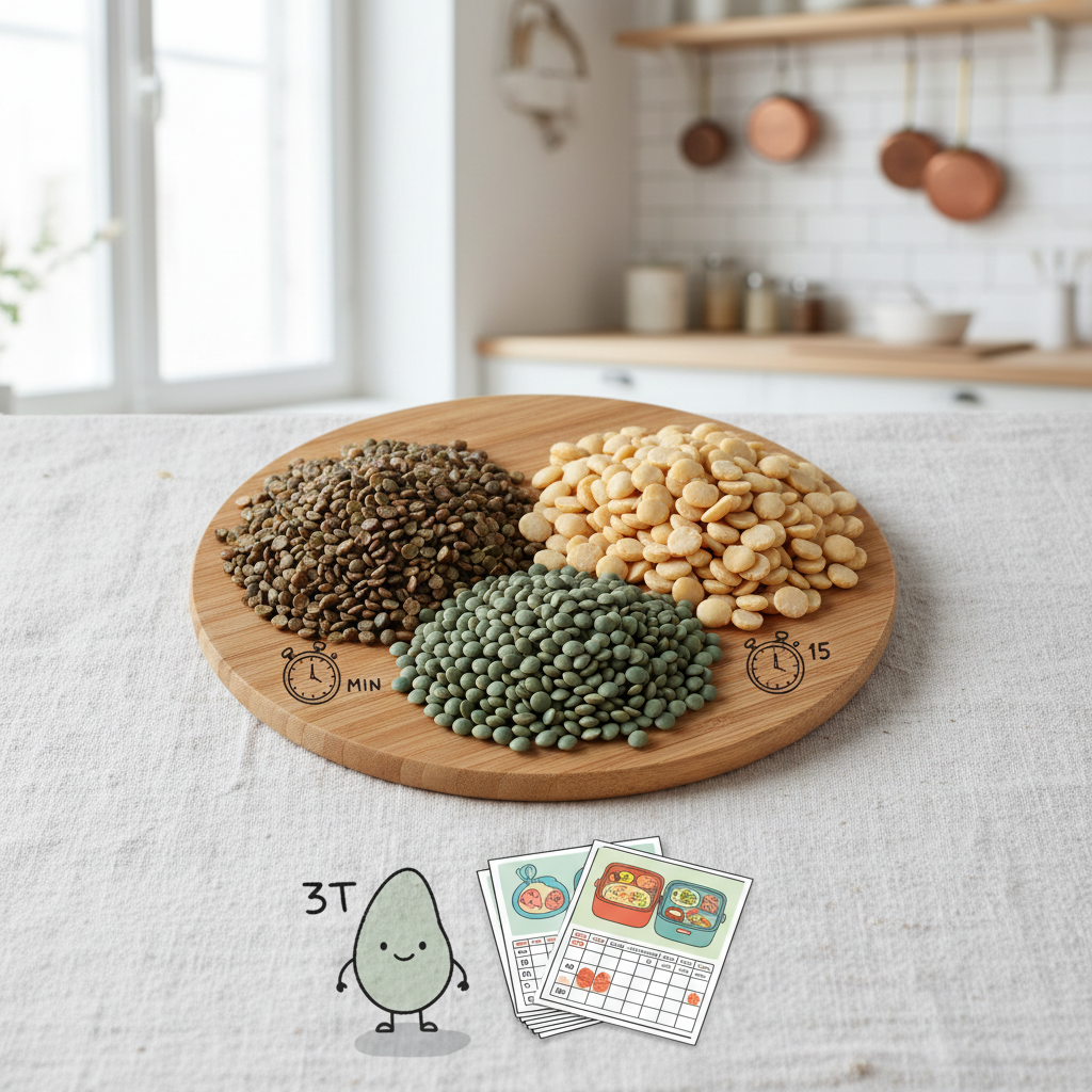 Variétés de lentilles (corail, verte, blonde) et temps de cuisson indicatifs