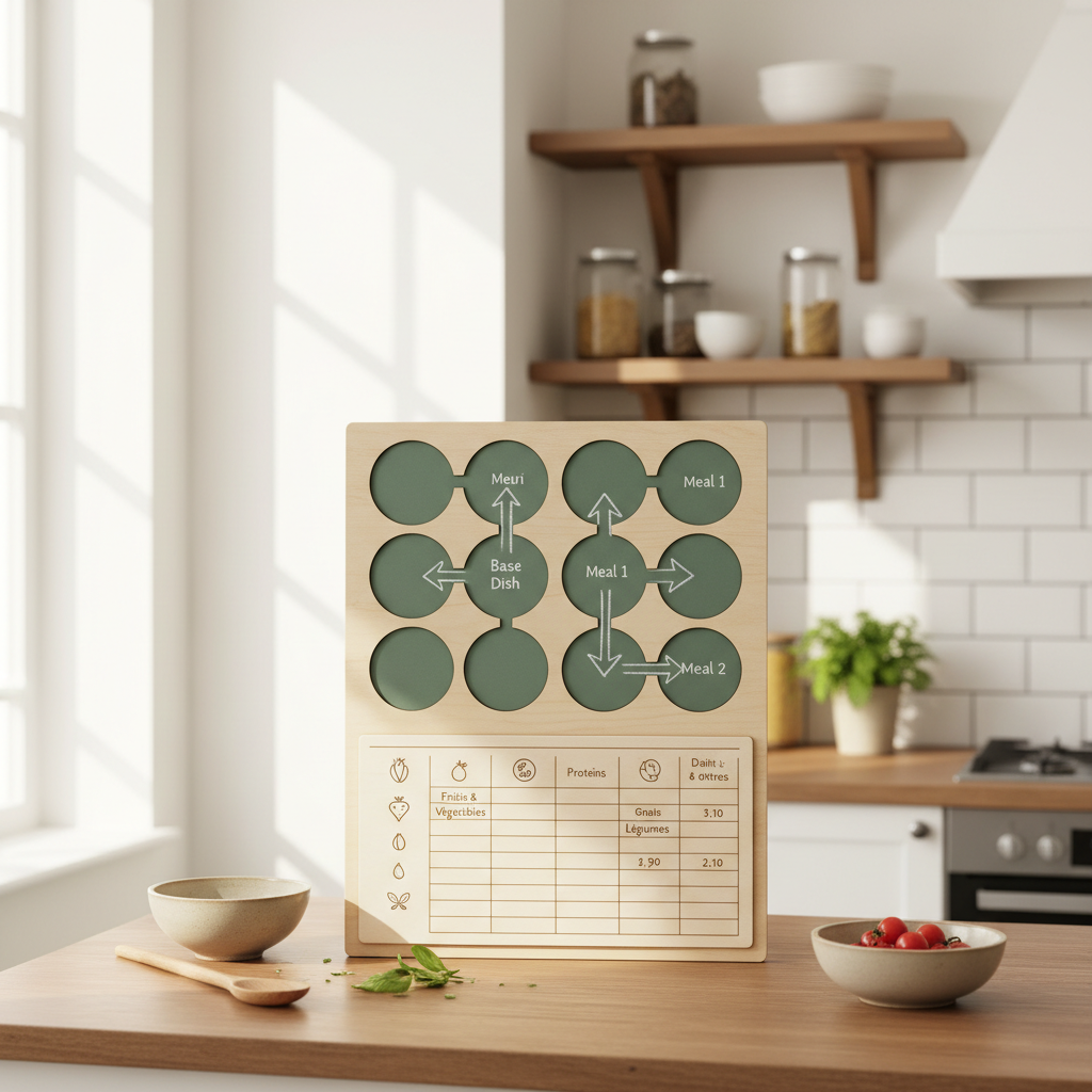 Planning hebdo avec menus 2-en-1 et liste de courses par rayons avec prix indicatifs
