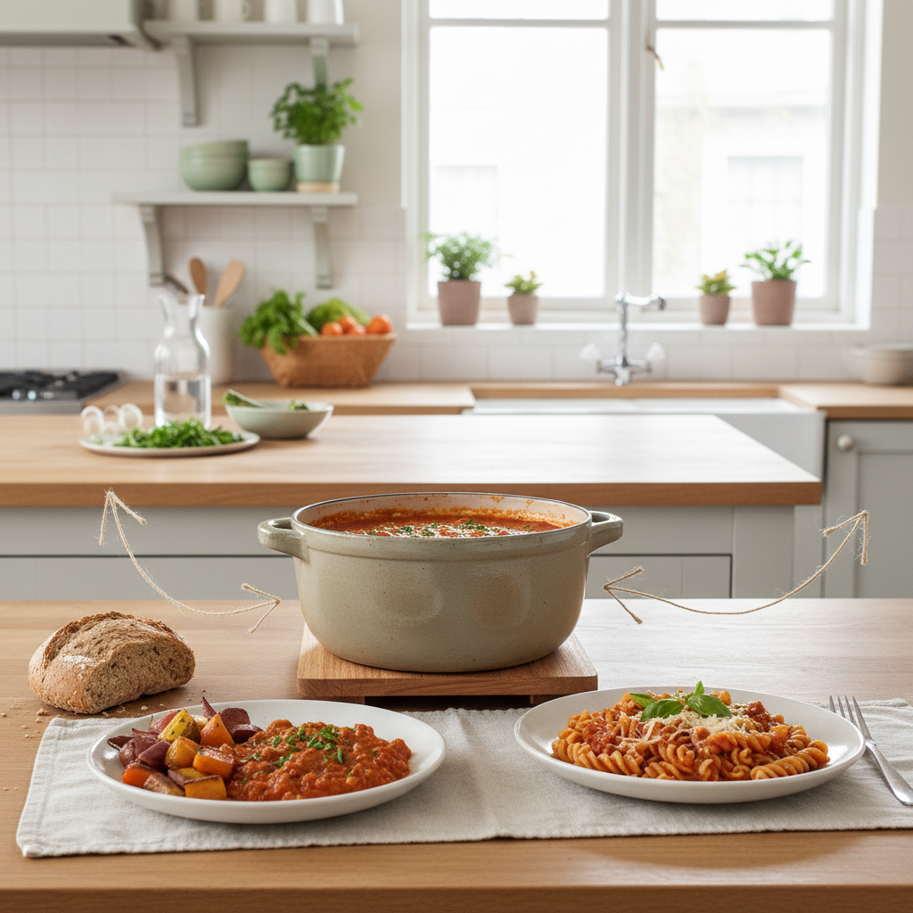 Une base cuisinée transformée en deux plats différents avec flèches