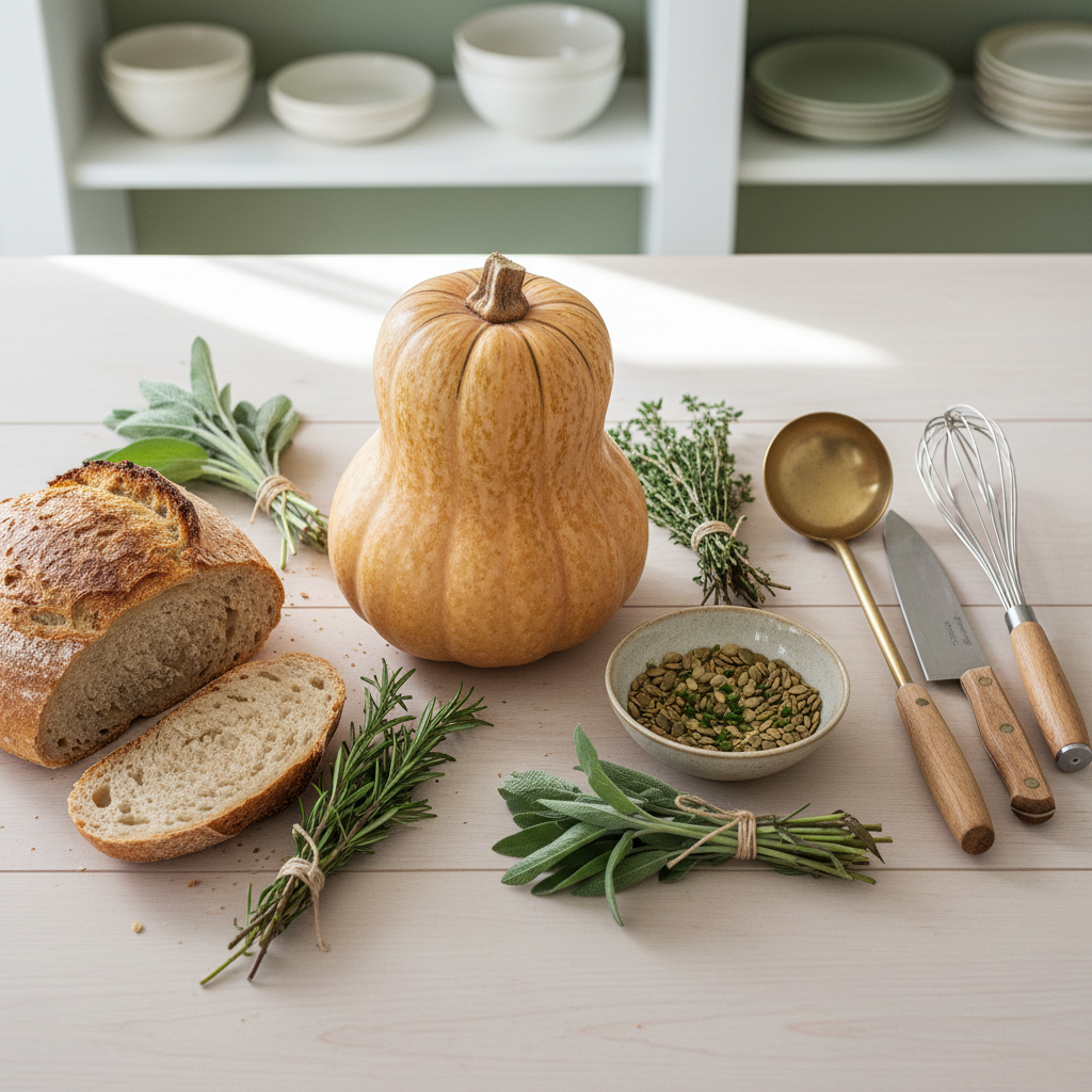 Ambiance automnale avec courge butternut entière, herbes et pain complet