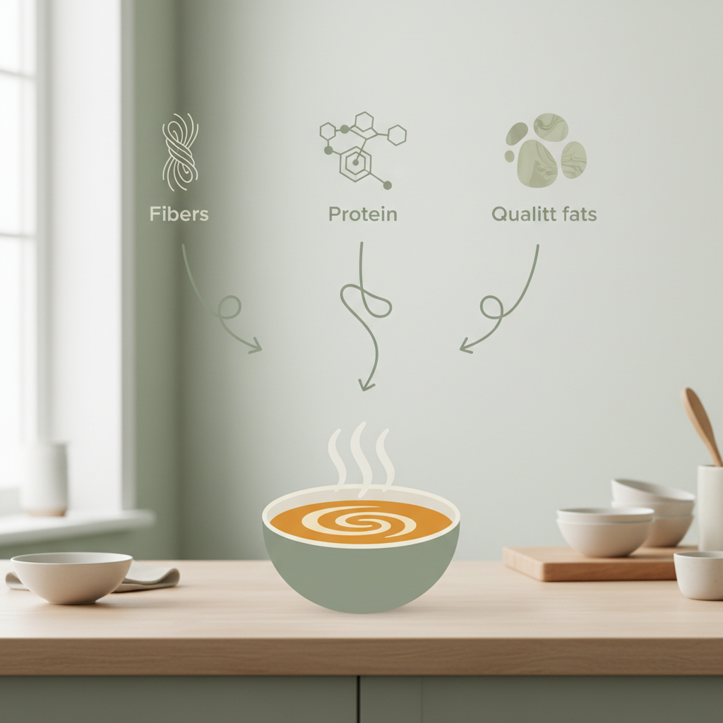 Infographie simple des 3 briques satiété orientées vers un bol de soupe