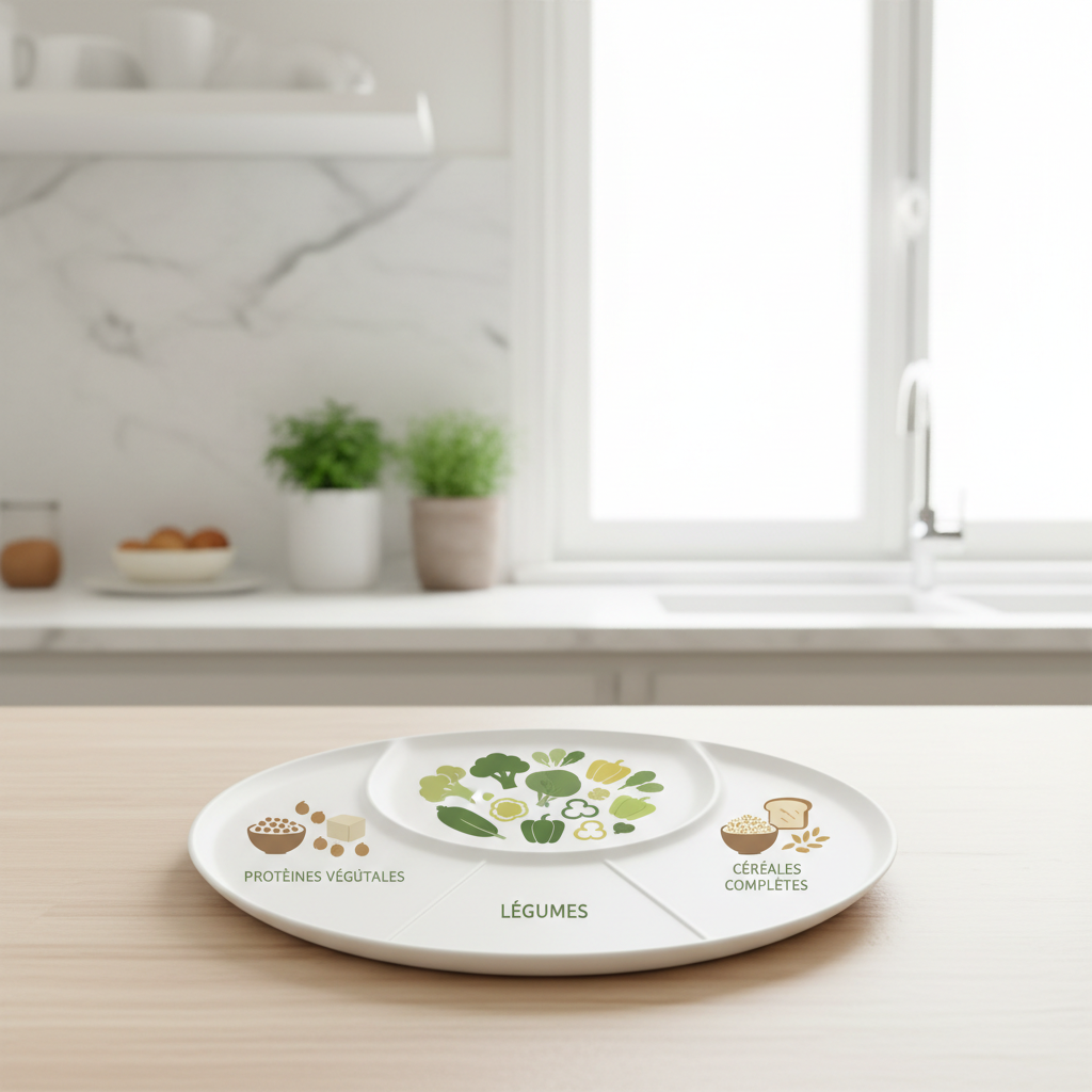 Infographie simple de l’assiette 1/2 légumes, 1/4 protéines végétales, 1/4 féculents
