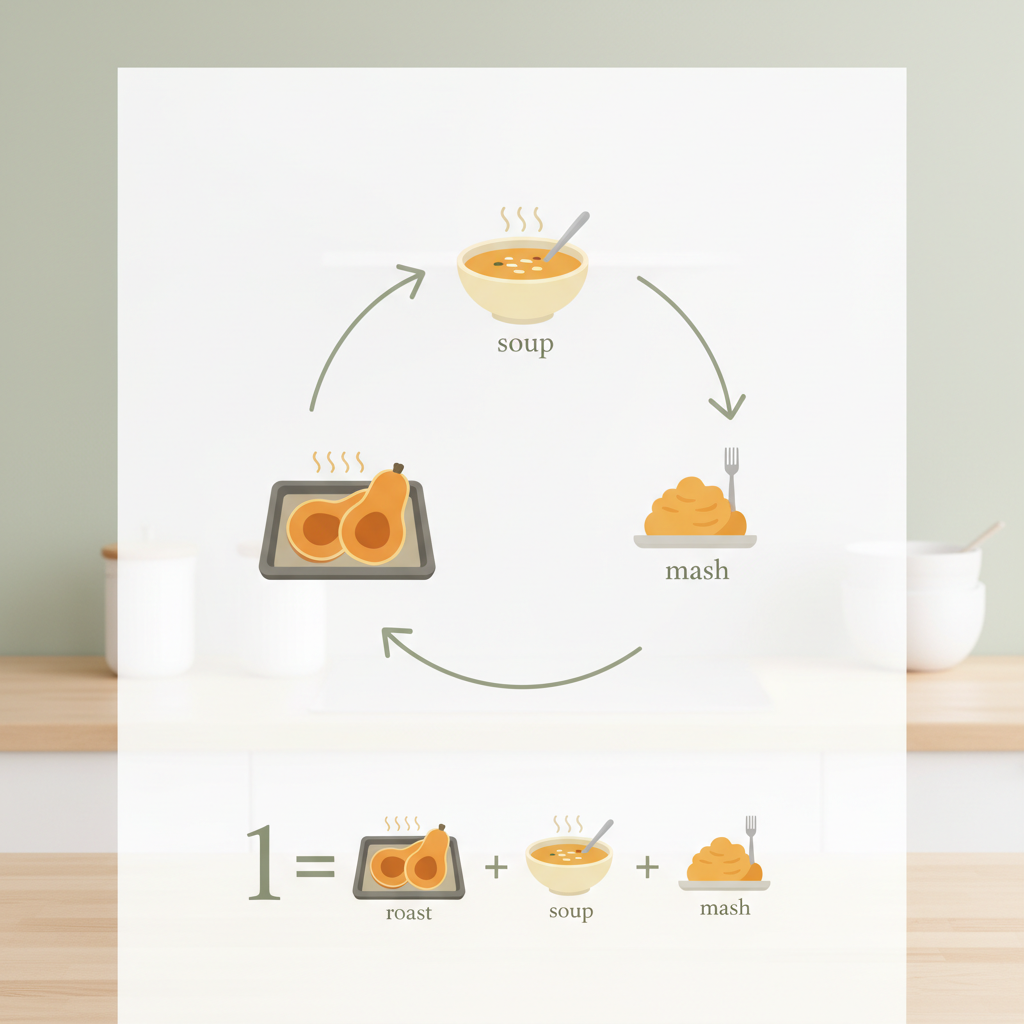 Infographie simple: 1 fournée = rôti, soupe, purée