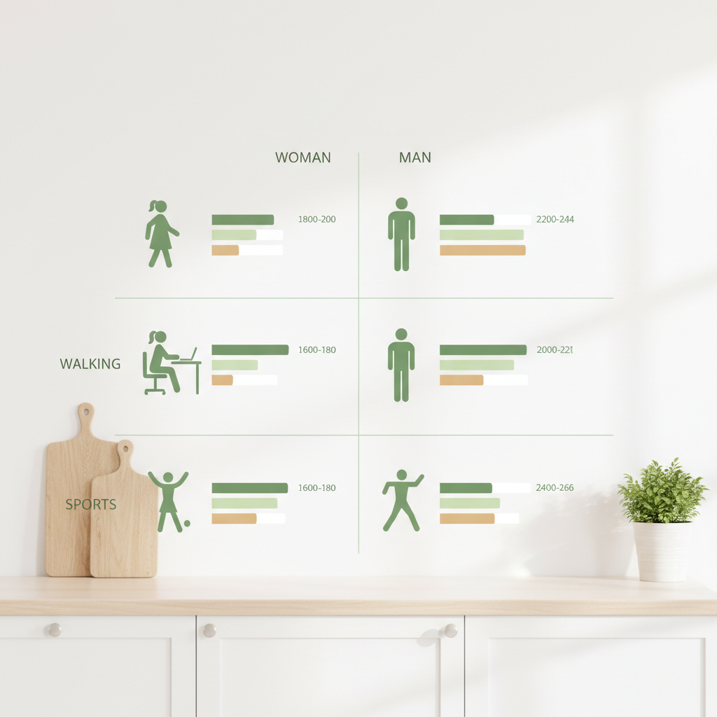 Tableau visuel des fourchettes caloriques quotidiennes par sexe et activité