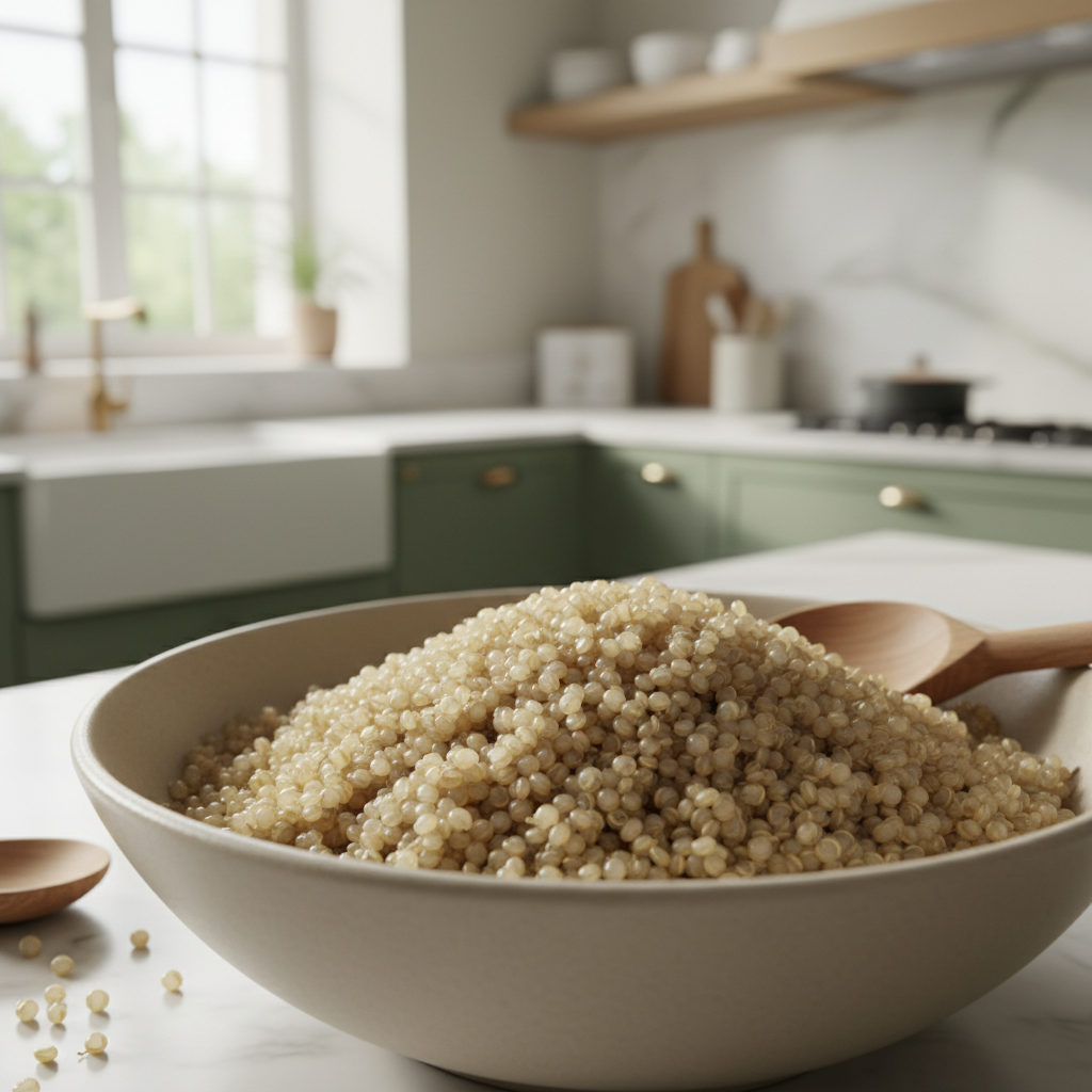 Bol de quinoa cuit, grains bien séparés et translucides, germe intact