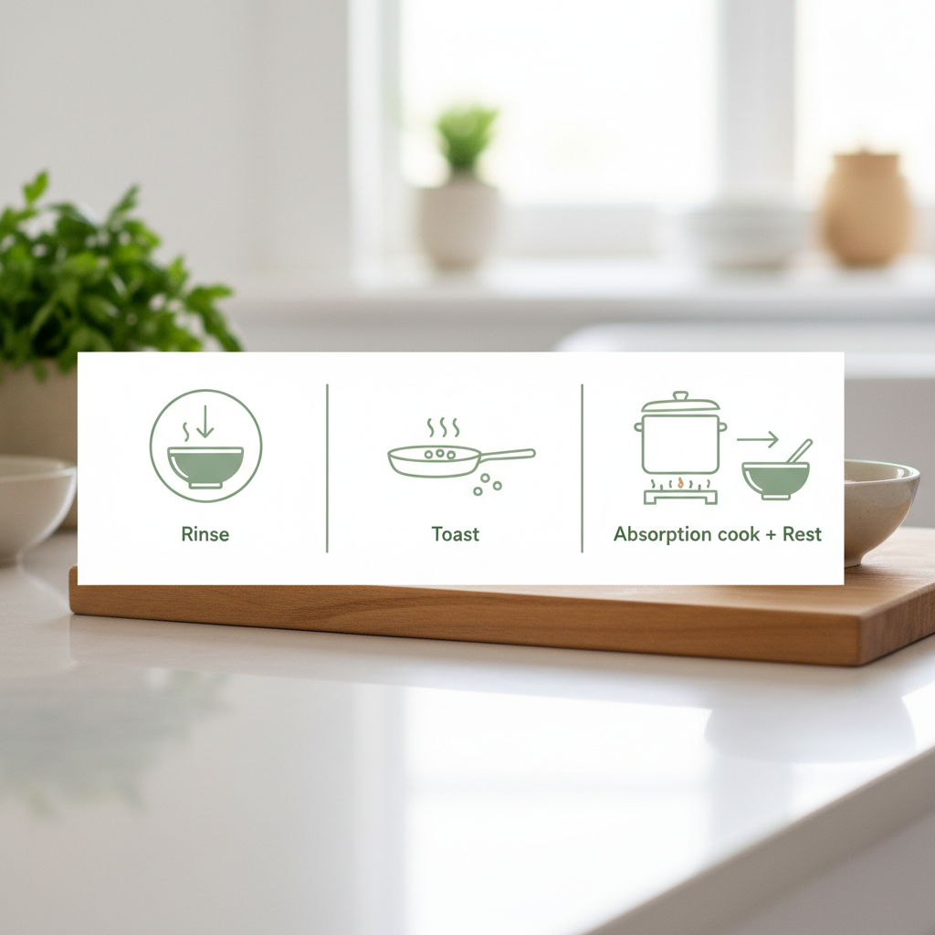 Infographie simple des 3 étapes: rincer, toaster, cuisson par absorption + repos