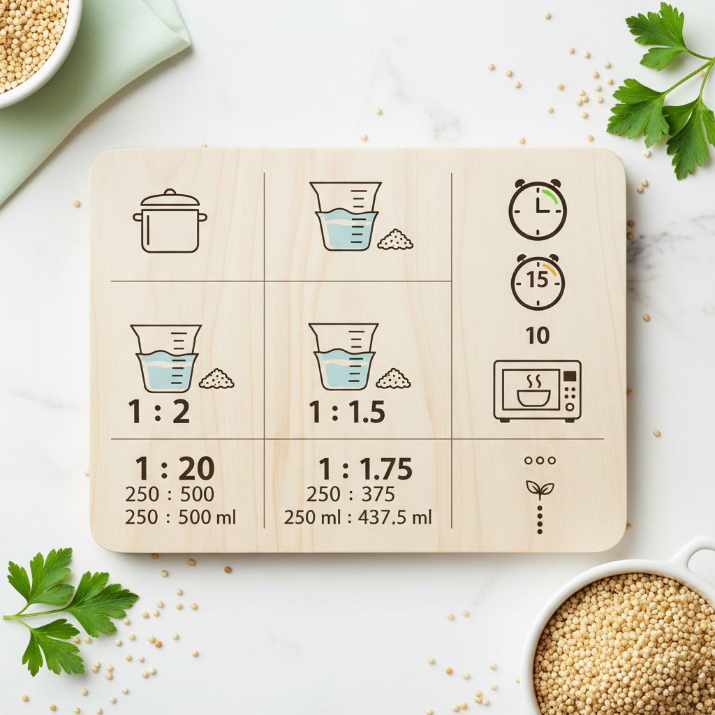 Tableau clair des ratios eau/quinoa par méthode, avec conversions