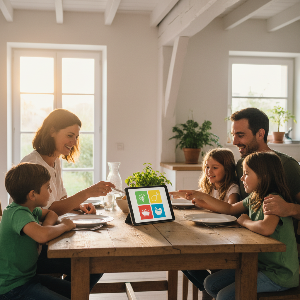 Famille choisissant un dîner depuis une matrice visuelle simple
