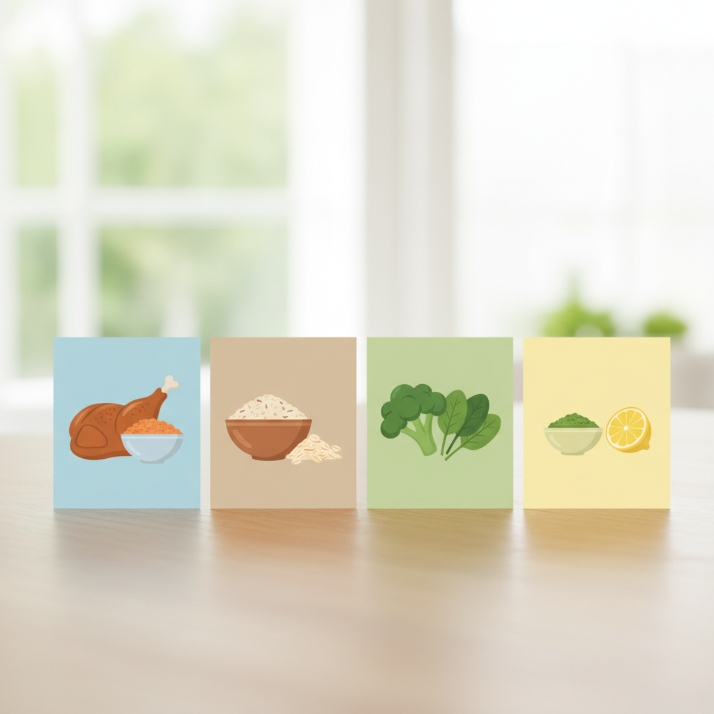Schéma clair des 4 blocs avec pictogrammes d’ingrédients