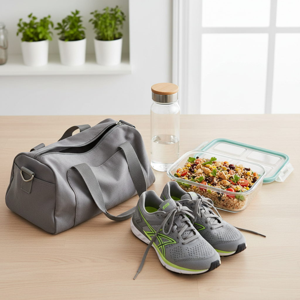 Sac de sport avec lunchbox de salade de riz prête à emporter