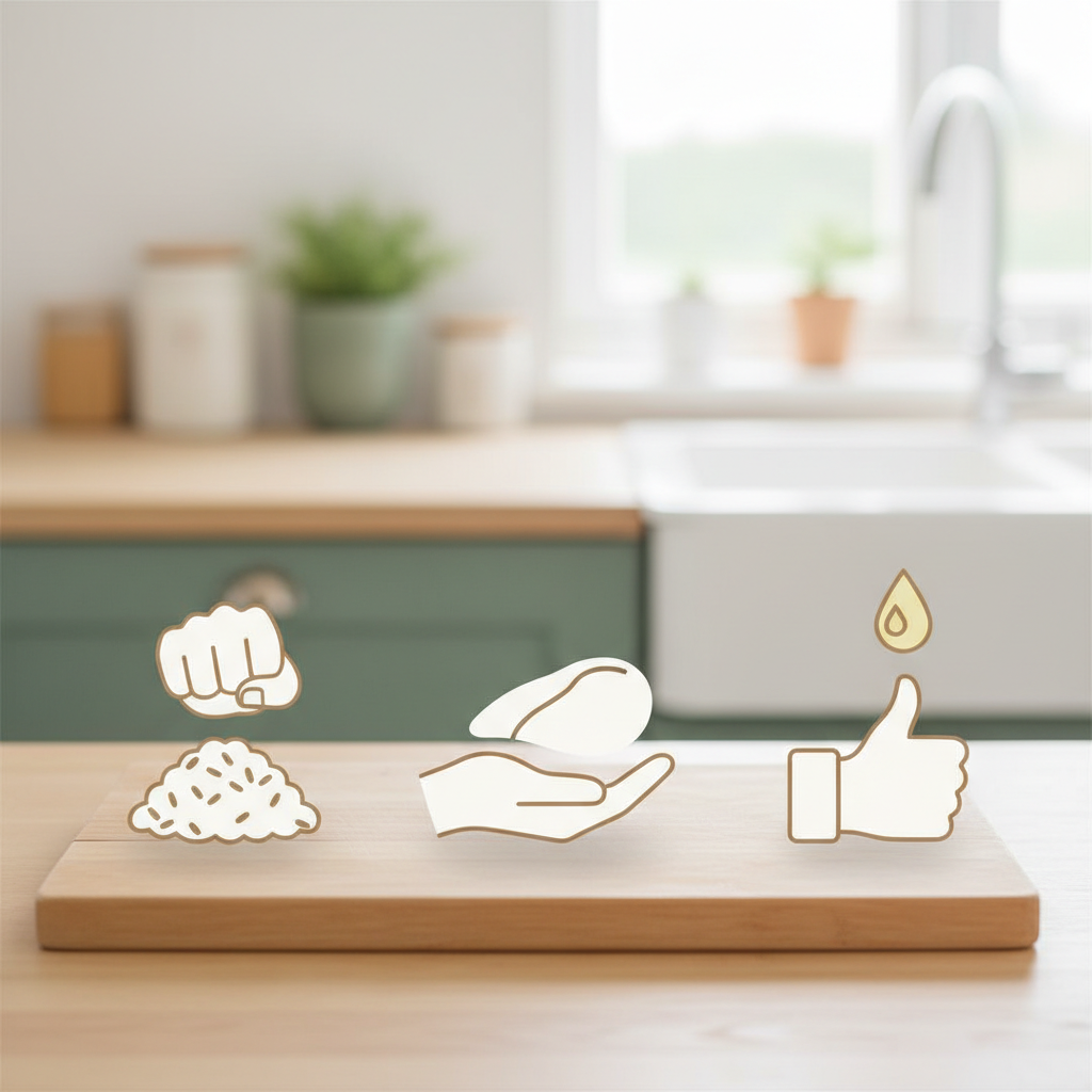 Infographie portions: poing pour riz, paume pour protéines, pouce pour lipides
