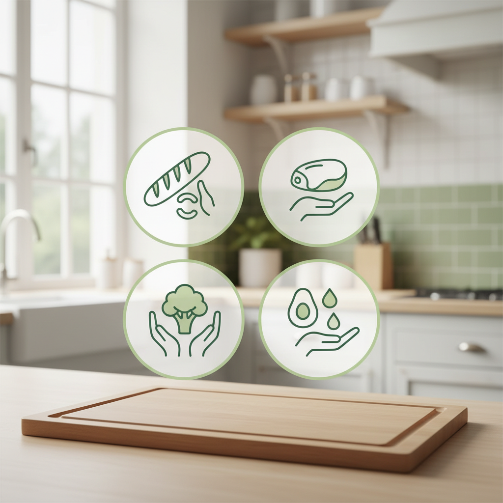 Infographie des 4 piliers d’une bruschetta équilibrée avec repères mains