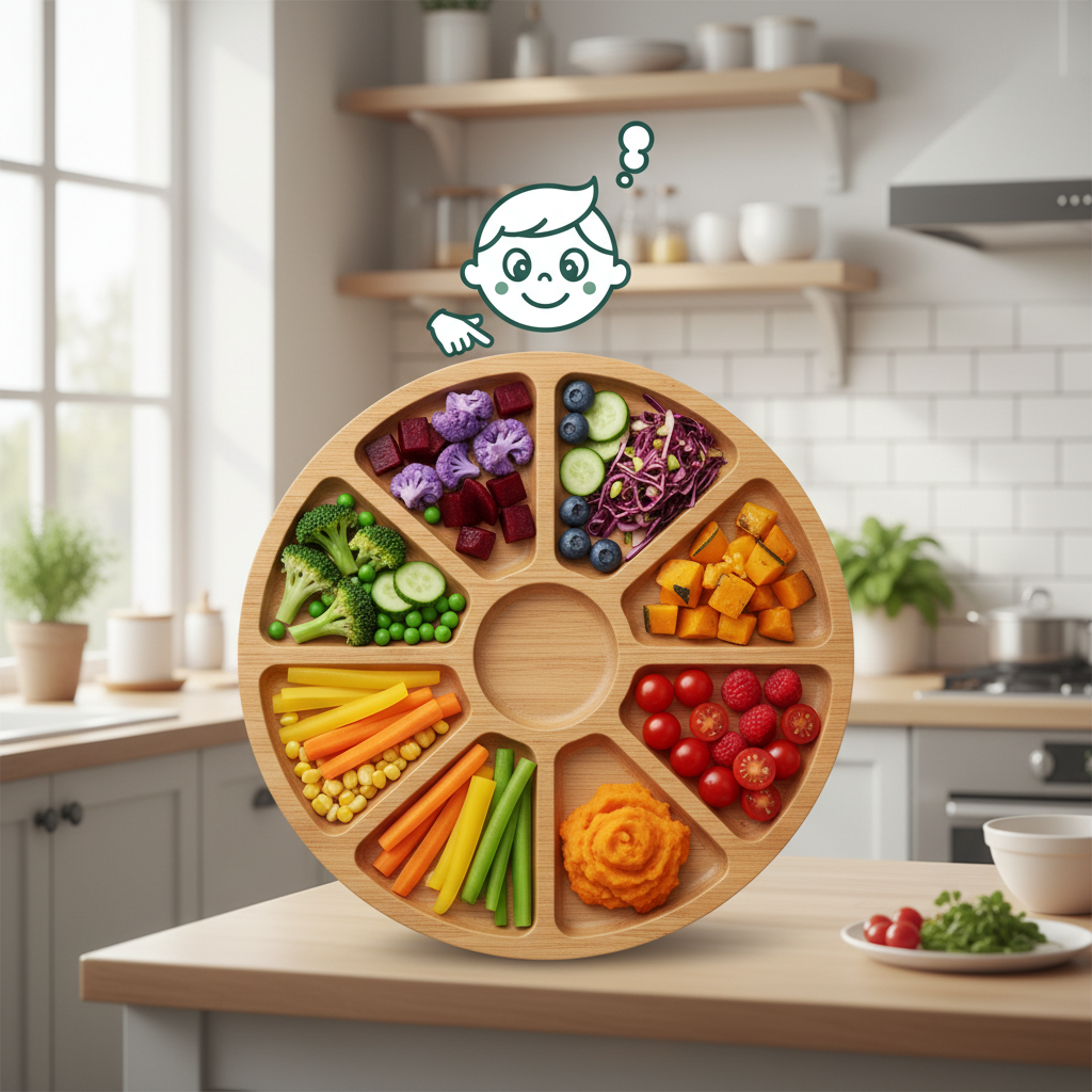 Infographie d’une assiette colorée et enfant curieux