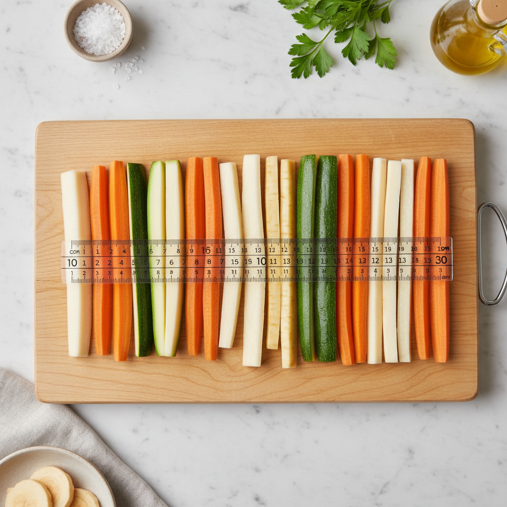Bâtonnets de carotte, courgette et panais crus avec repères de tailles en centimètres