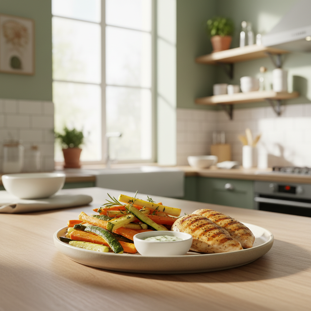 Assiette équilibrée avec frites de légumes au Airfryer, protéine et sauce légère