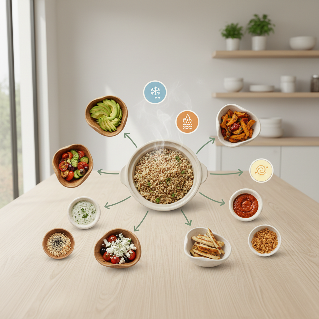Schéma du plat commun relié à des bols de toppings, sauces et éléments croquants