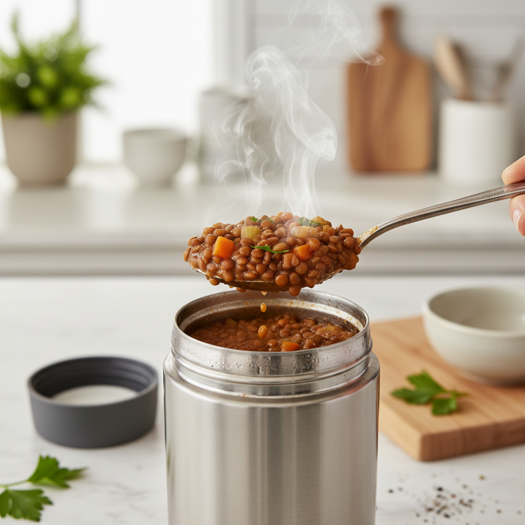 Gros plan sur un ragoût de lentilles épais sortant d’un thermos