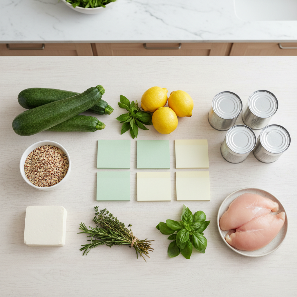 Liste de courses illustrée avec courgettes et protéines variées