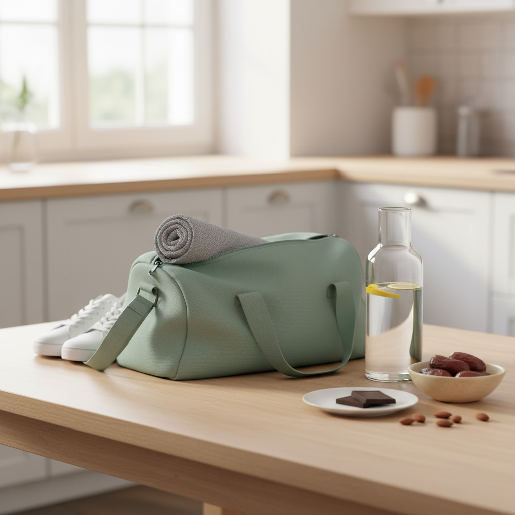 Ambiance douce avec sac de sport, gourde et collation simple prête avant l’entraînement