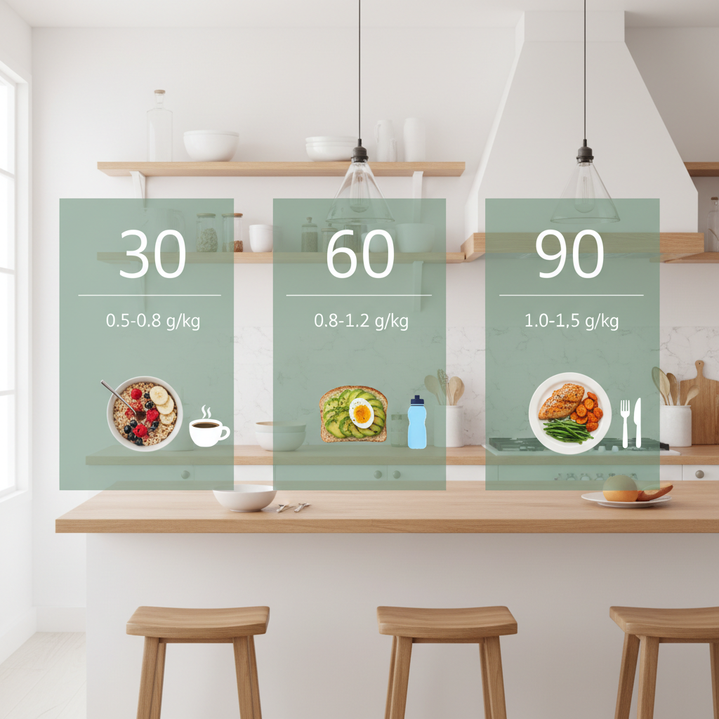 Infographie des repères glucidiques selon 30, 60 et 90 minutes d’effort
