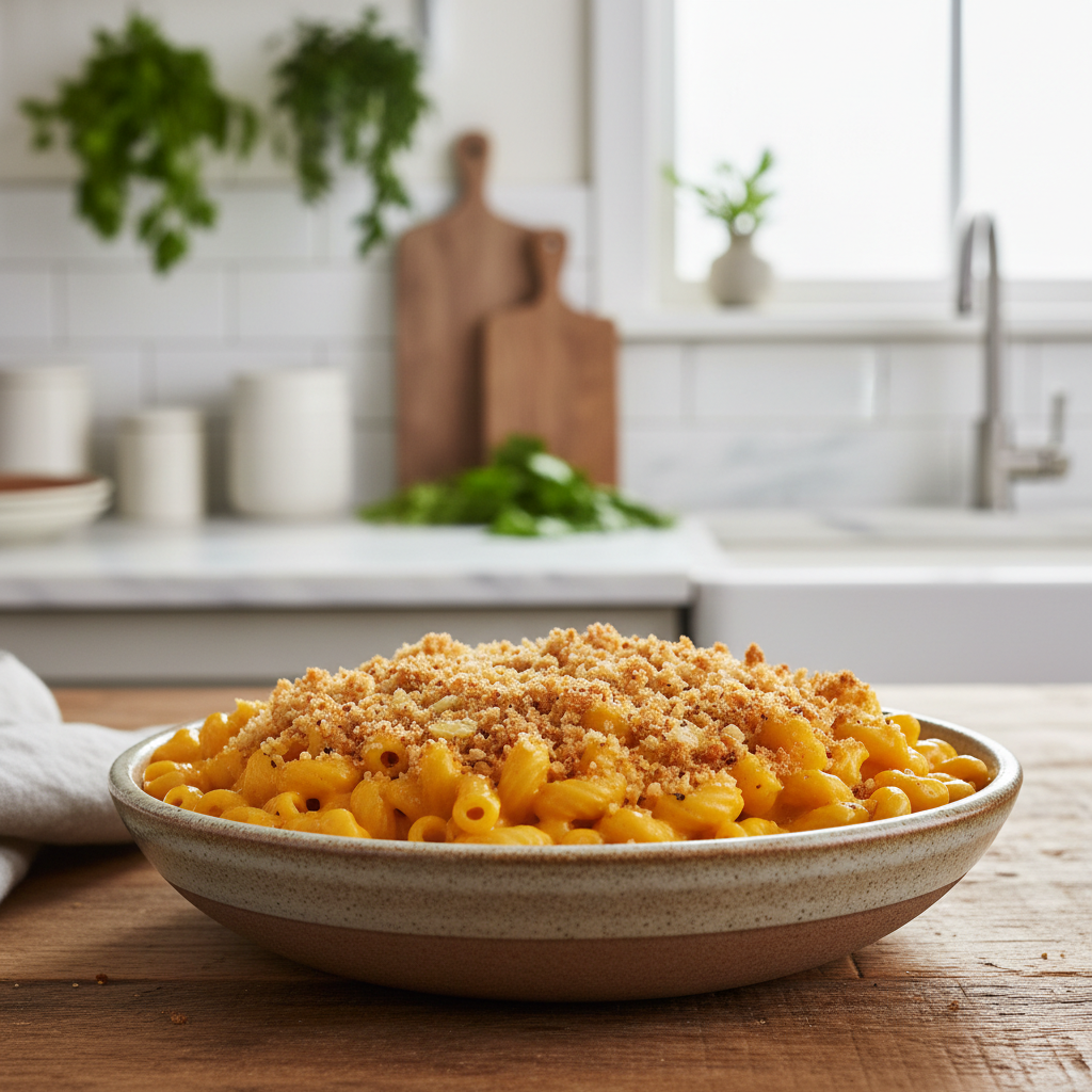 Bol de mac and cheese orangé crémeux avec chapelure dorée, sans légumes visibles